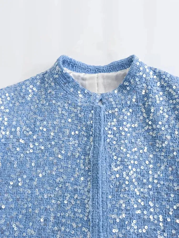 Back To School Joskaa Casual Blue Sequined Round Neck Women's Jacket Fashion Long Sleeved Outerwear 2024 Autumn Female High Street Commute Coats