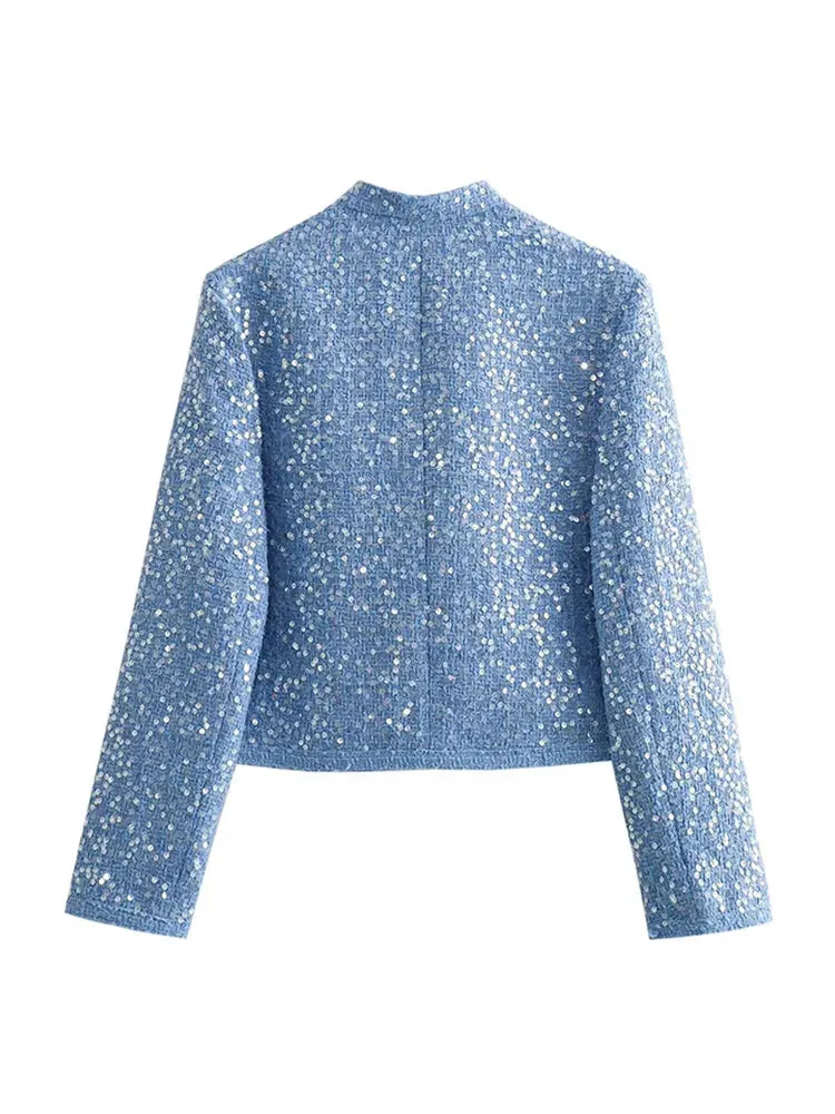 Back To School Joskaa Casual Blue Sequined Round Neck Women's Jacket Fashion Long Sleeved Outerwear 2024 Autumn Female High Street Commute Coats