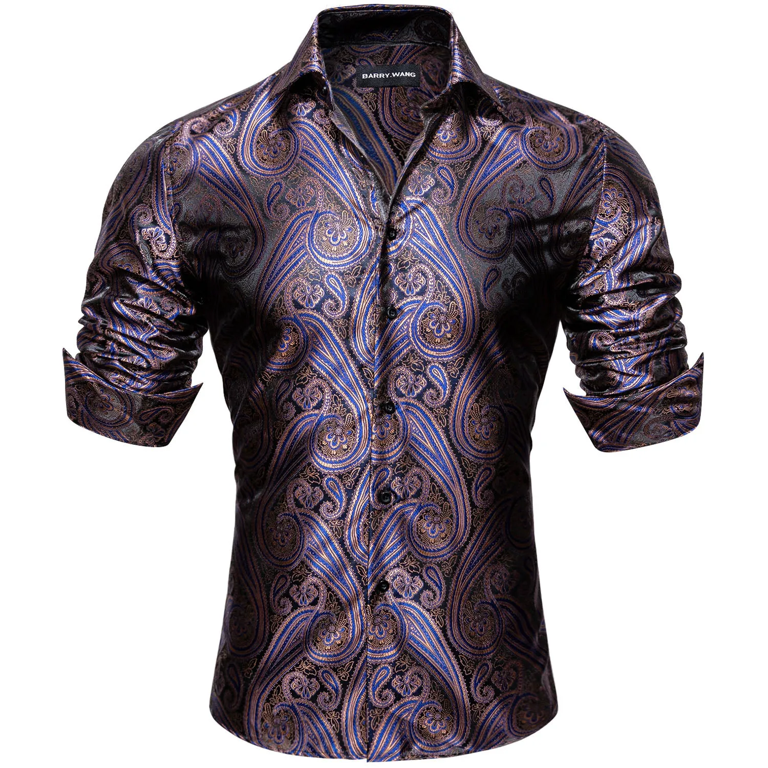 Barry Wang Purple Blue Silk Paisley Tribal Daily Slim Fit Men's Shirt