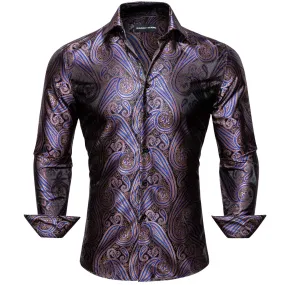Barry Wang Purple Blue Silk Paisley Tribal Daily Slim Fit Men's Shirt