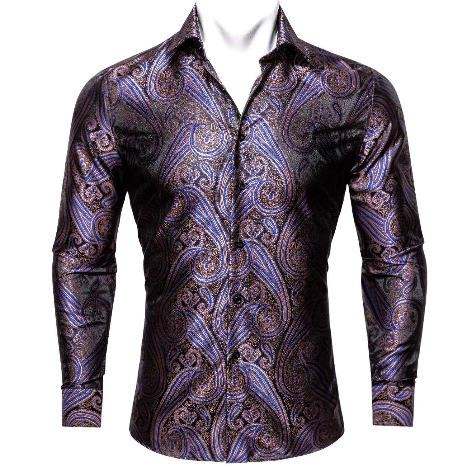 Barry Wang Purple Blue Silk Paisley Tribal Daily Slim Fit Men's Shirt