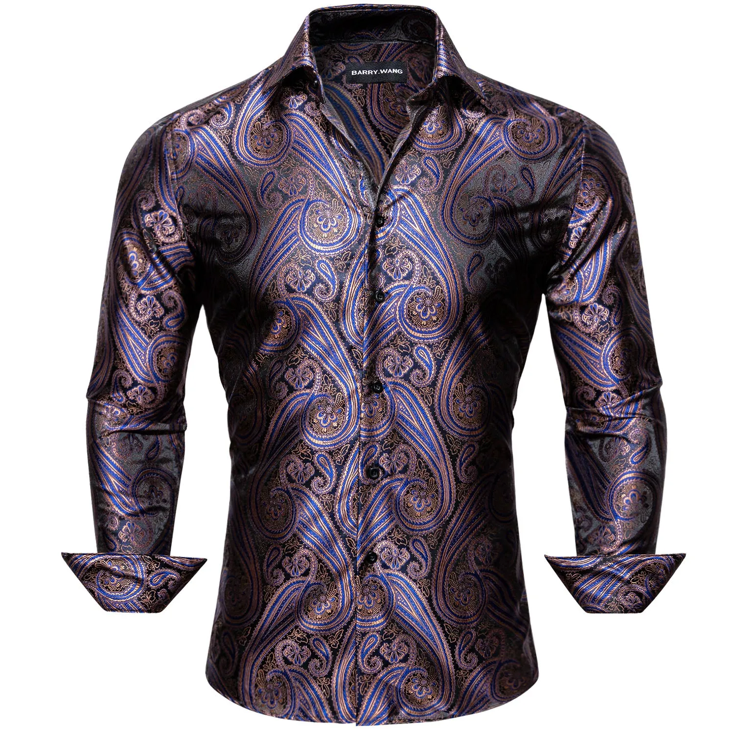 Barry Wang Purple Blue Silk Paisley Tribal Daily Slim Fit Men's Shirt
