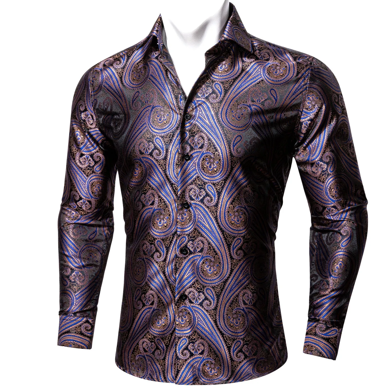 Barry Wang Purple Blue Silk Paisley Tribal Daily Slim Fit Men's Shirt