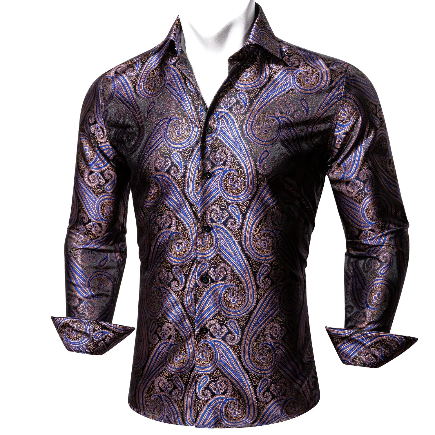 Barry Wang Purple Blue Silk Paisley Tribal Daily Slim Fit Men's Shirt