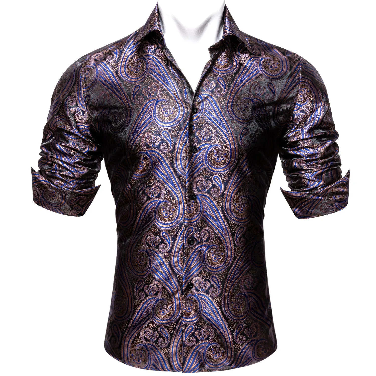 Barry Wang Purple Blue Silk Paisley Tribal Daily Slim Fit Men's Shirt