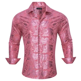 Barry.wang Men's Bronzing Shirt Watermelon Pink Floral Silk Shirt