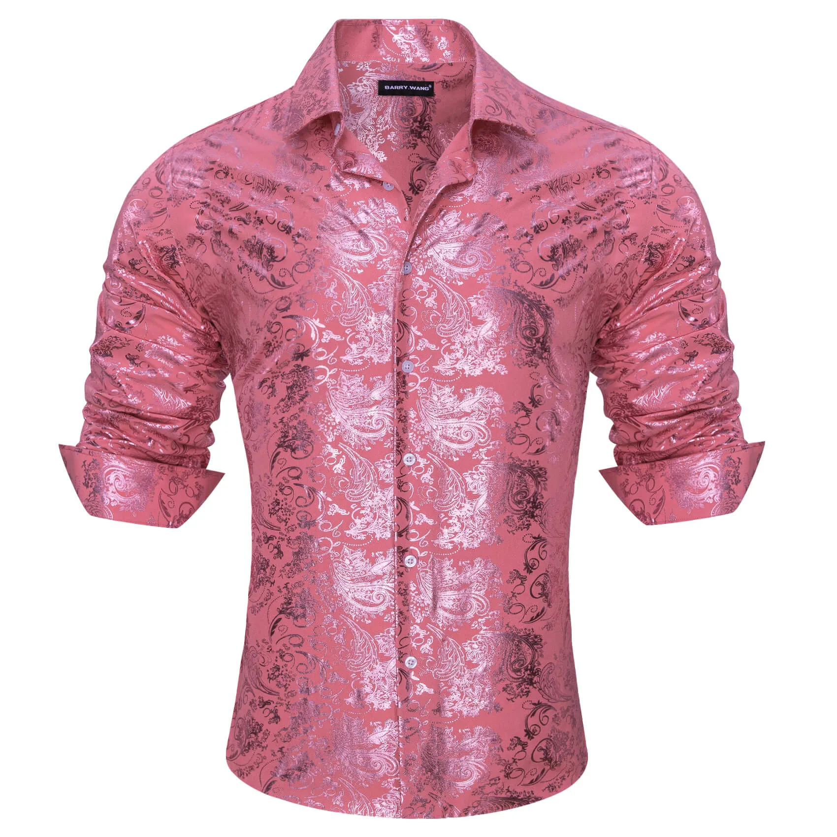 Barry.wang Men's Bronzing Shirt Watermelon Pink Floral Silk Shirt