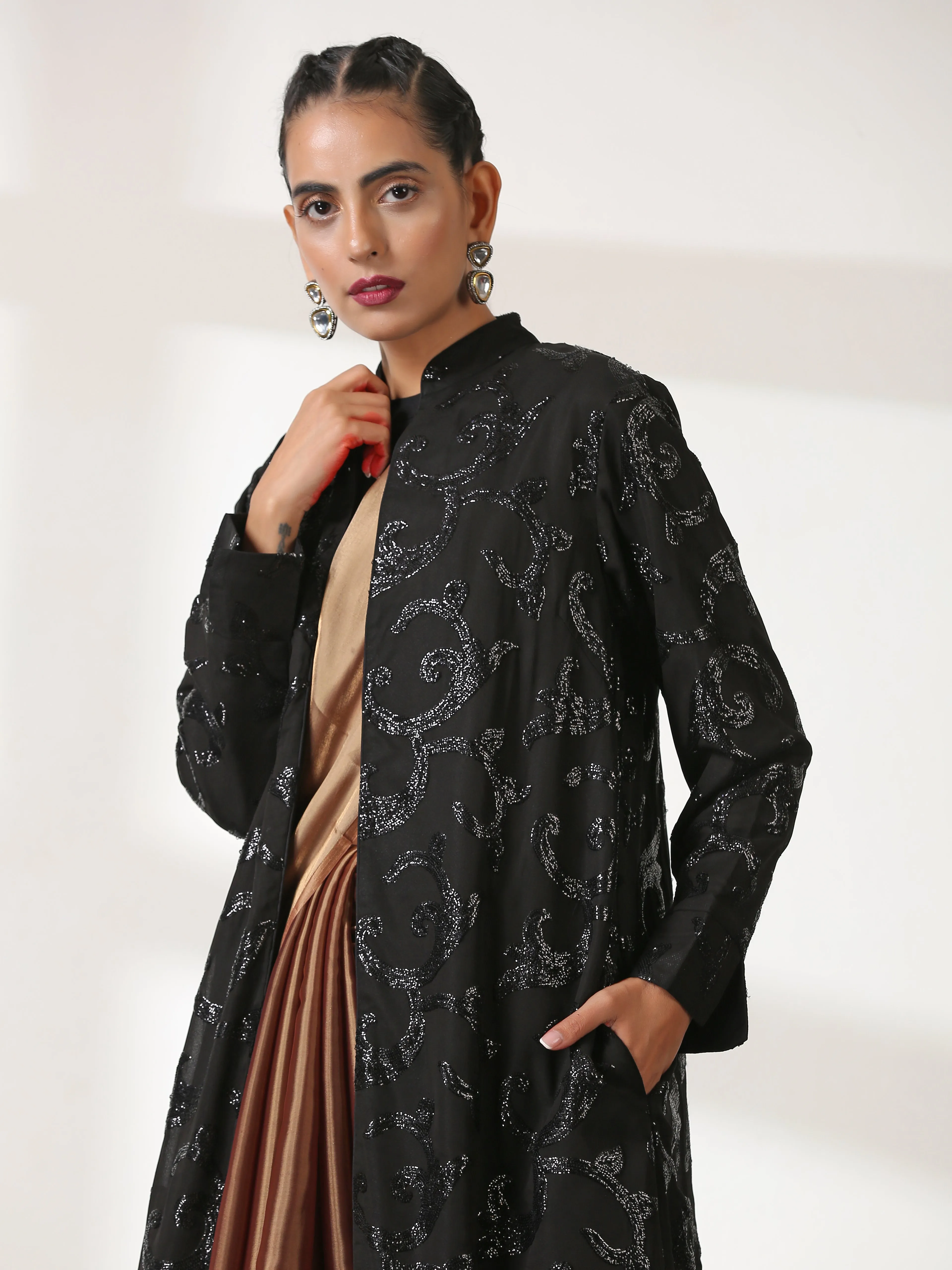 Black on Black Sequin Front Open Jacket