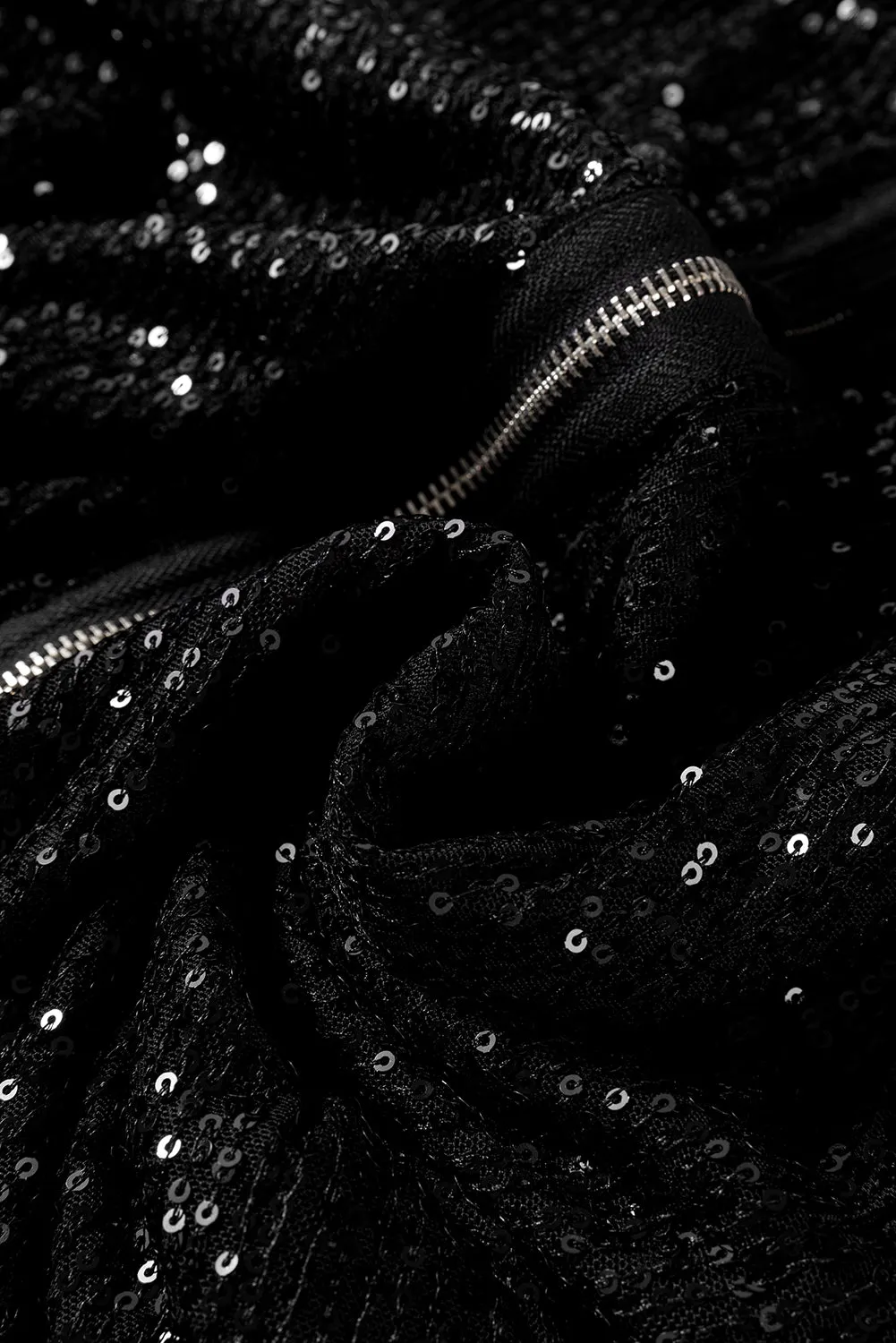 Black Sequin Zip up Round Neck Long Sleeve Jacket