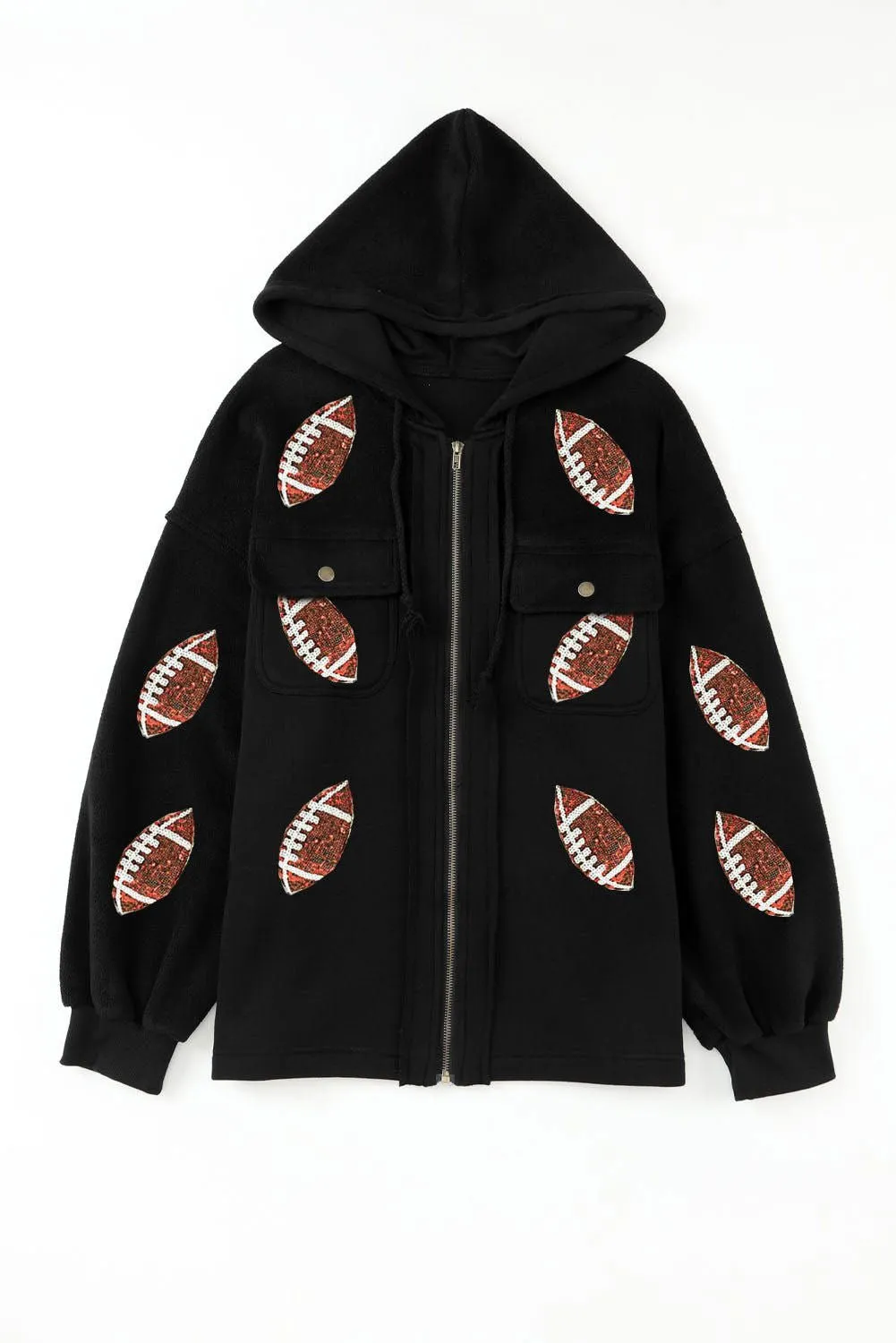 Black Sequined Rugby Graphic Pocketed Zipper Hooded Jacket