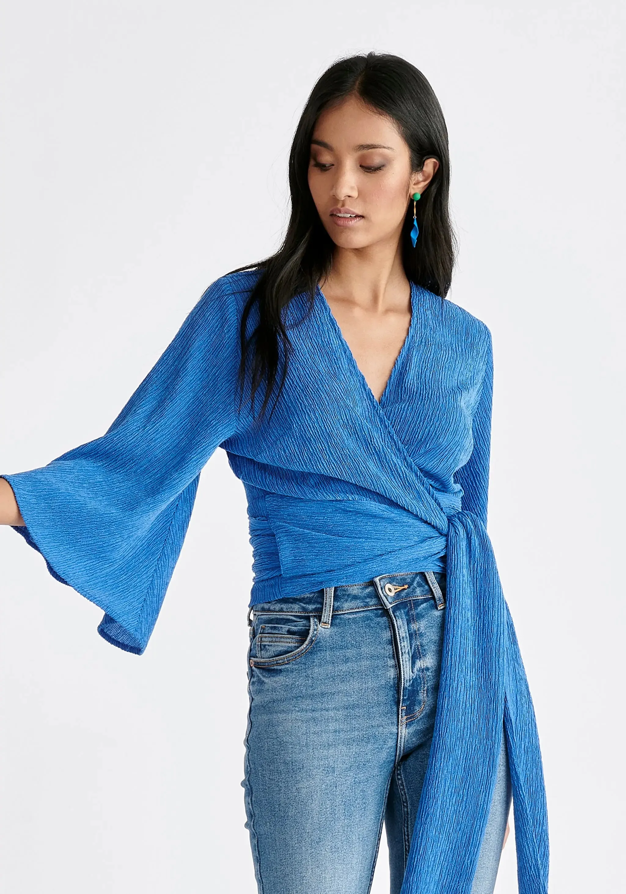 Blue Textured Wrap Kimono Blouse