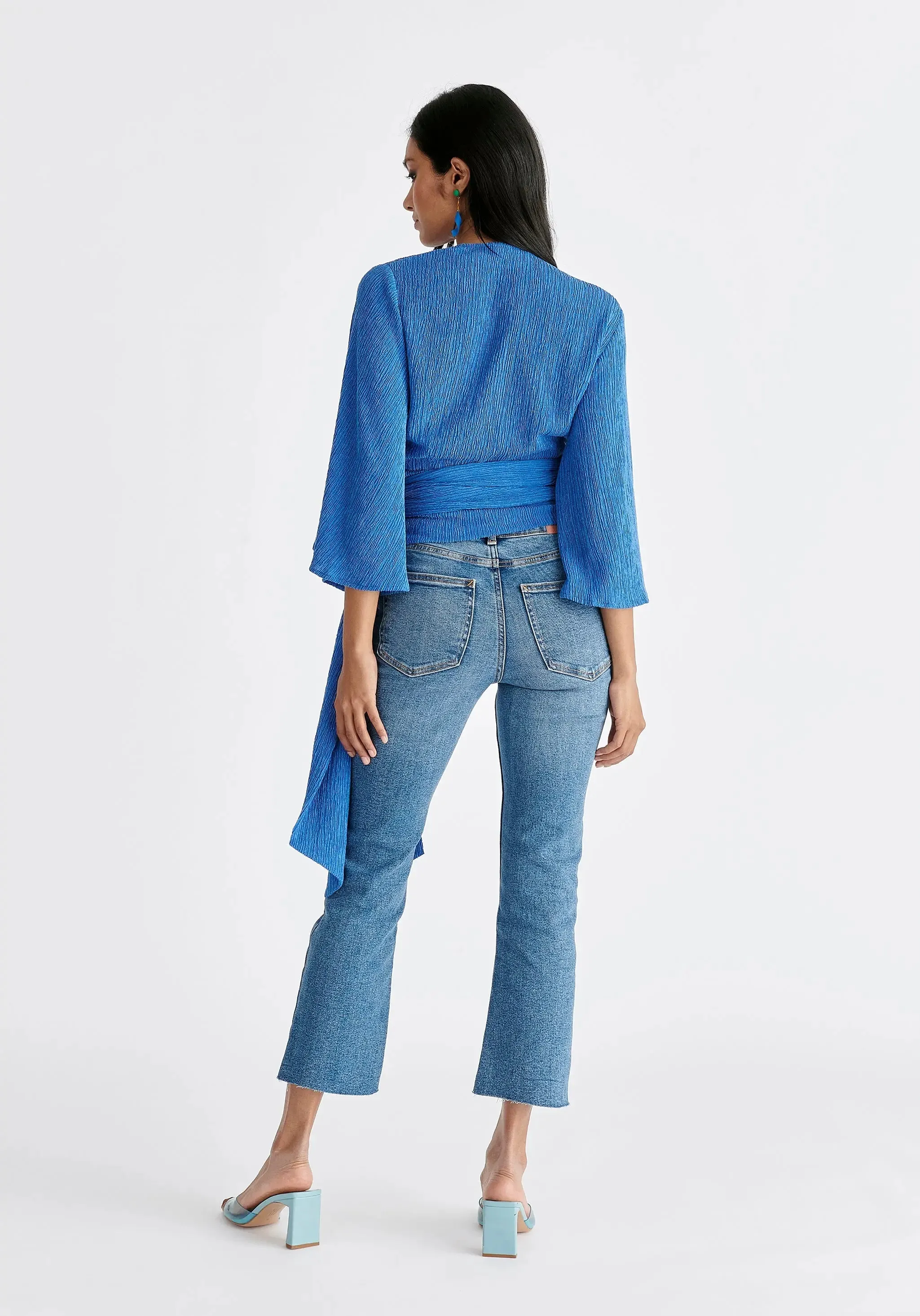Blue Textured Wrap Kimono Blouse