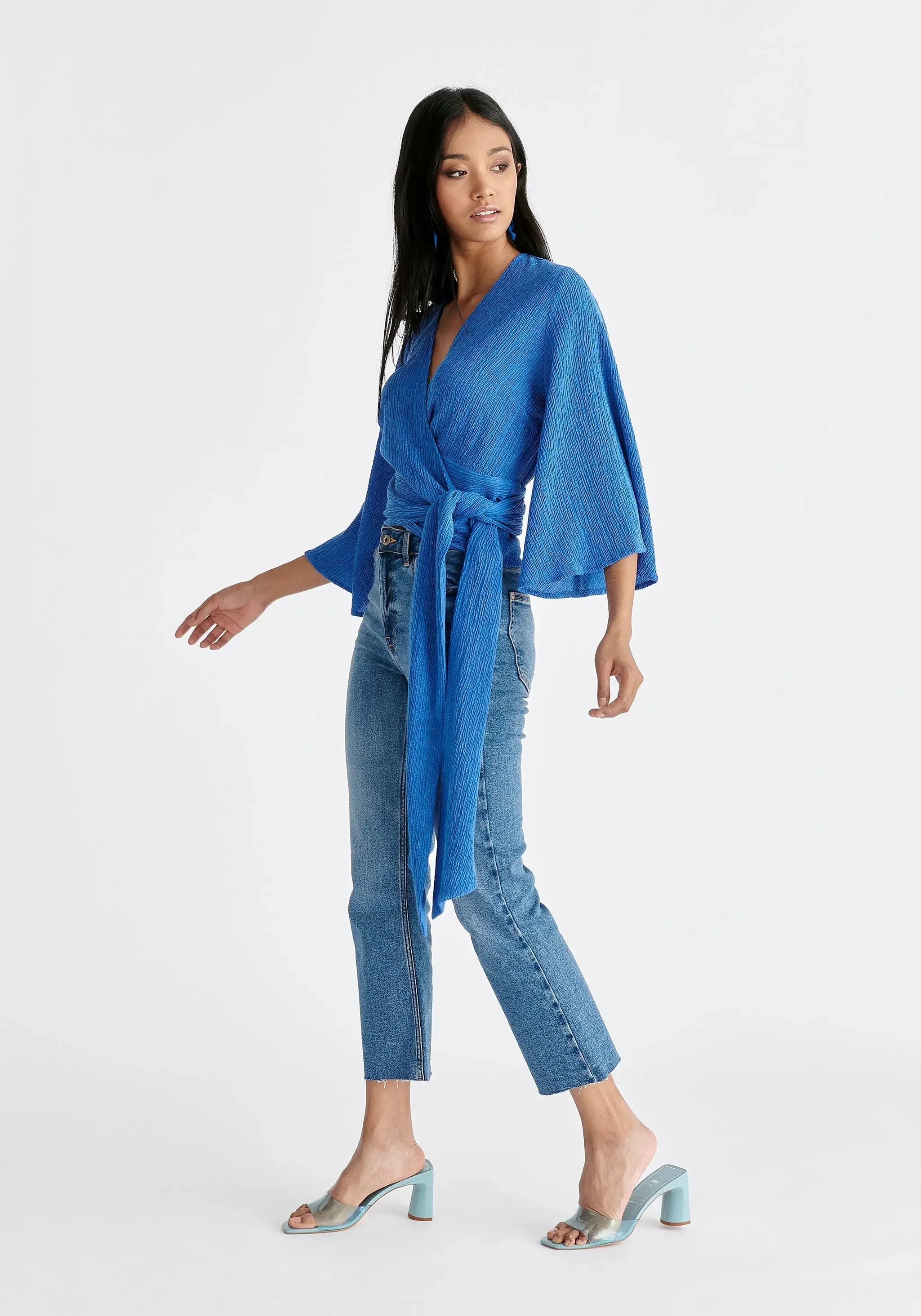 Blue Textured Wrap Kimono Blouse