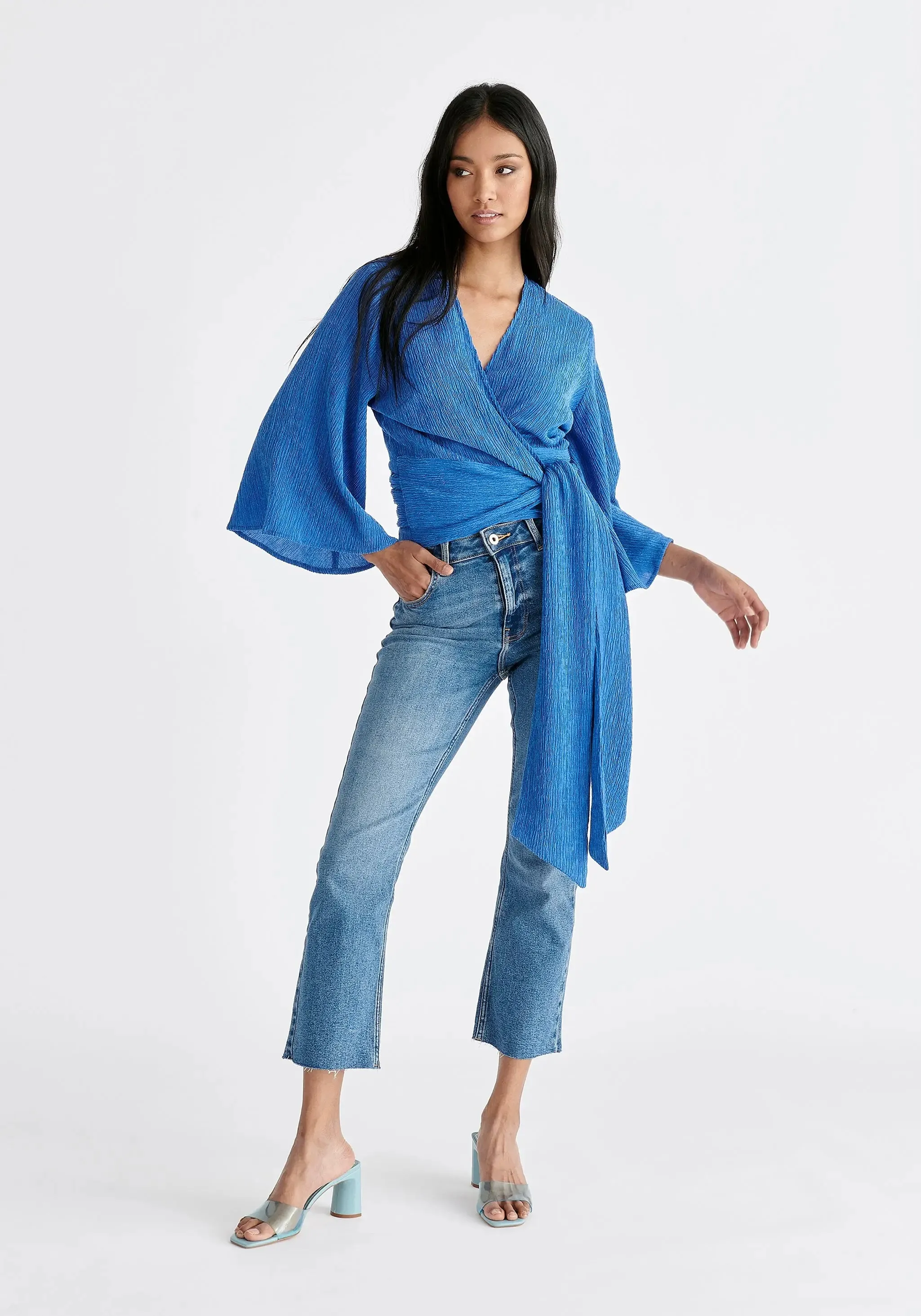 Blue Textured Wrap Kimono Blouse
