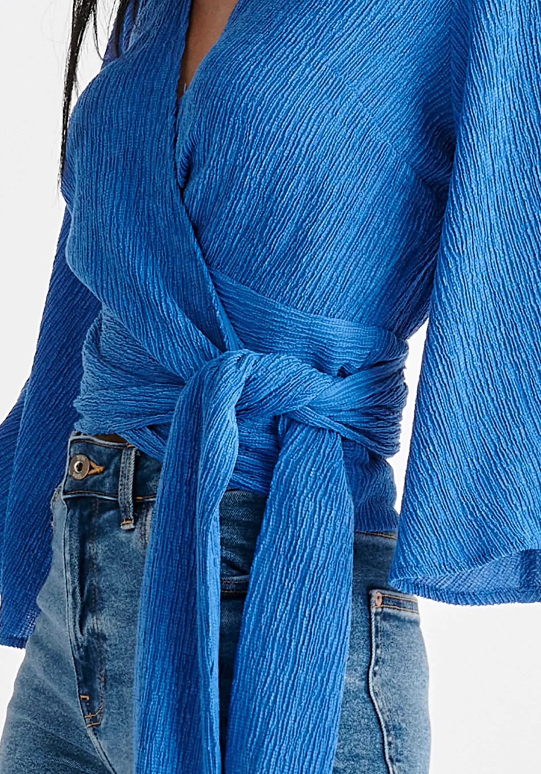 Blue Textured Wrap Kimono Blouse