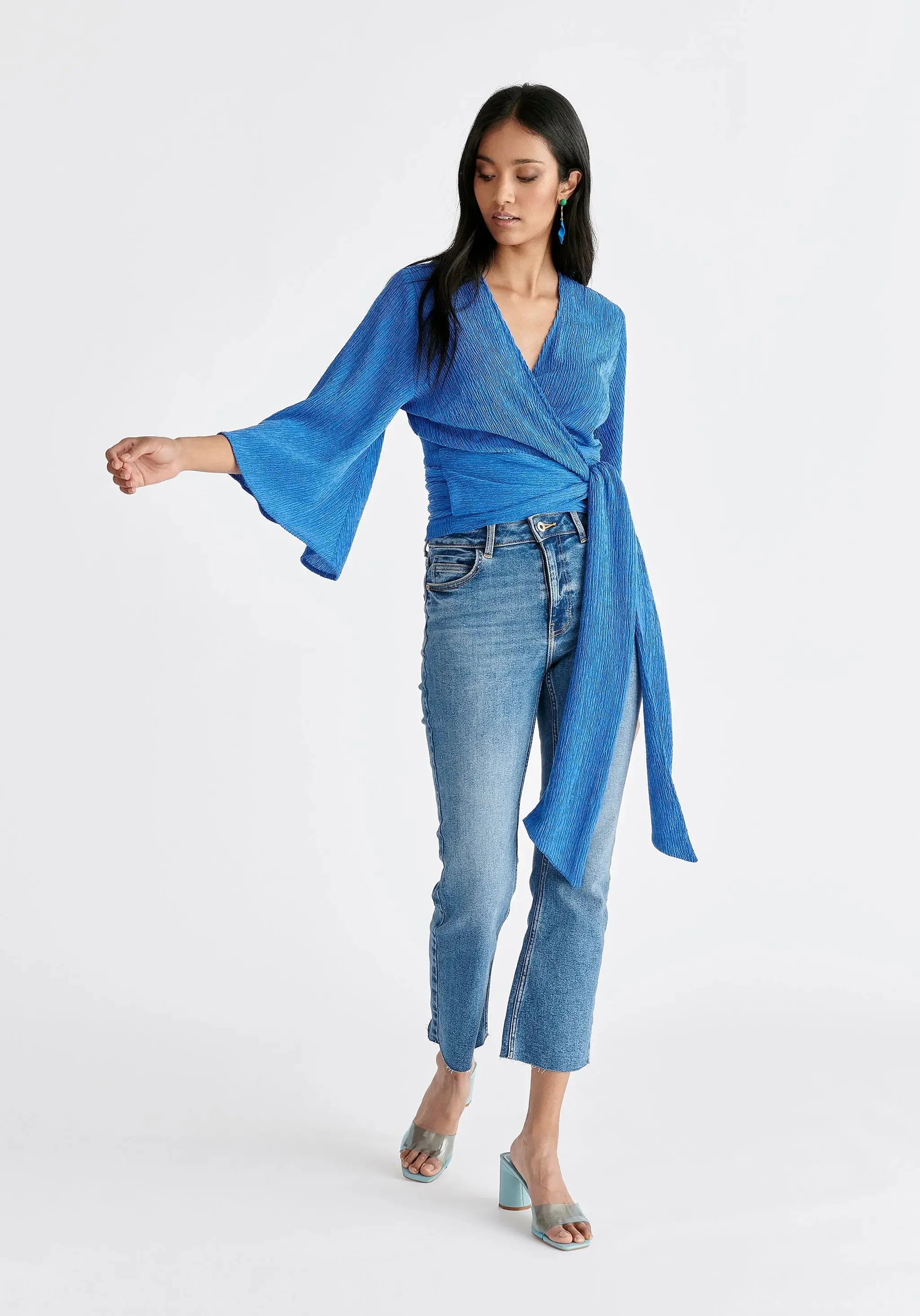 Blue Textured Wrap Kimono Blouse