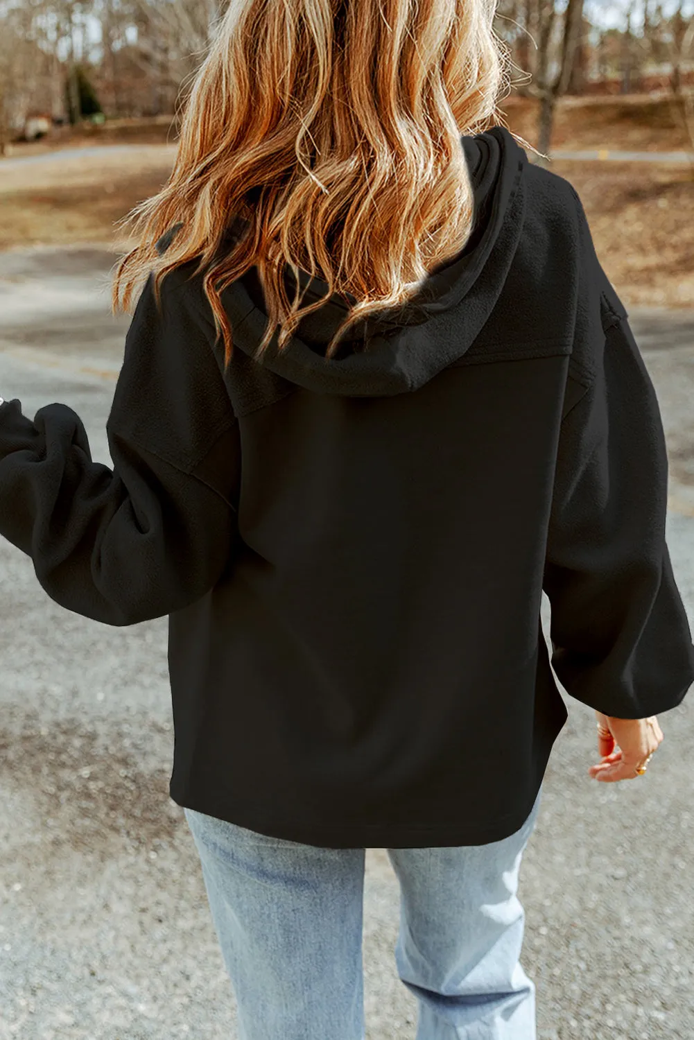 Blue Zone Planet |  Black Sequined Rugby Football Pattern Pocketed Zipper Hooded Jacket