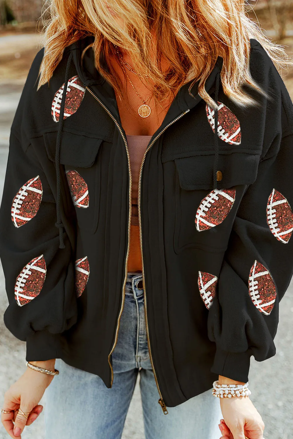 Blue Zone Planet |  Black Sequined Rugby Football Pattern Pocketed Zipper Hooded Jacket