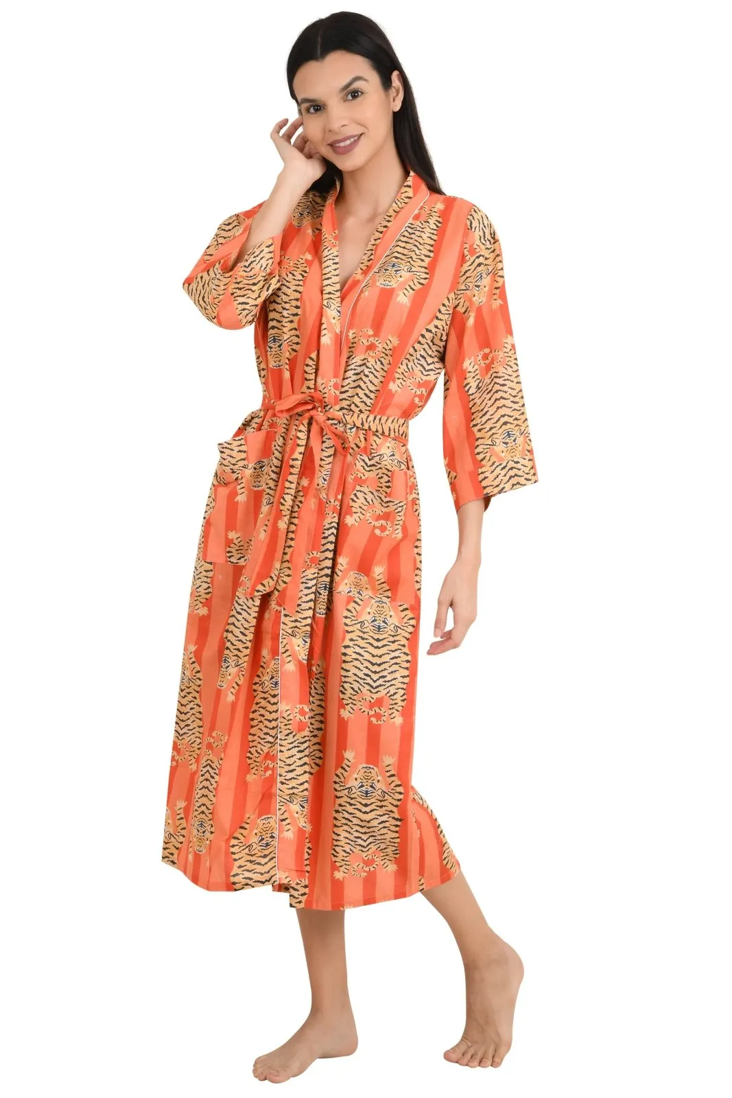 Boho Cotton Kimono House Robe Indian Handprinted Strips Cheetah Pattern | Lightweight Summer Luxury Beach Holidays Yacht Cover Up Stunning Dress