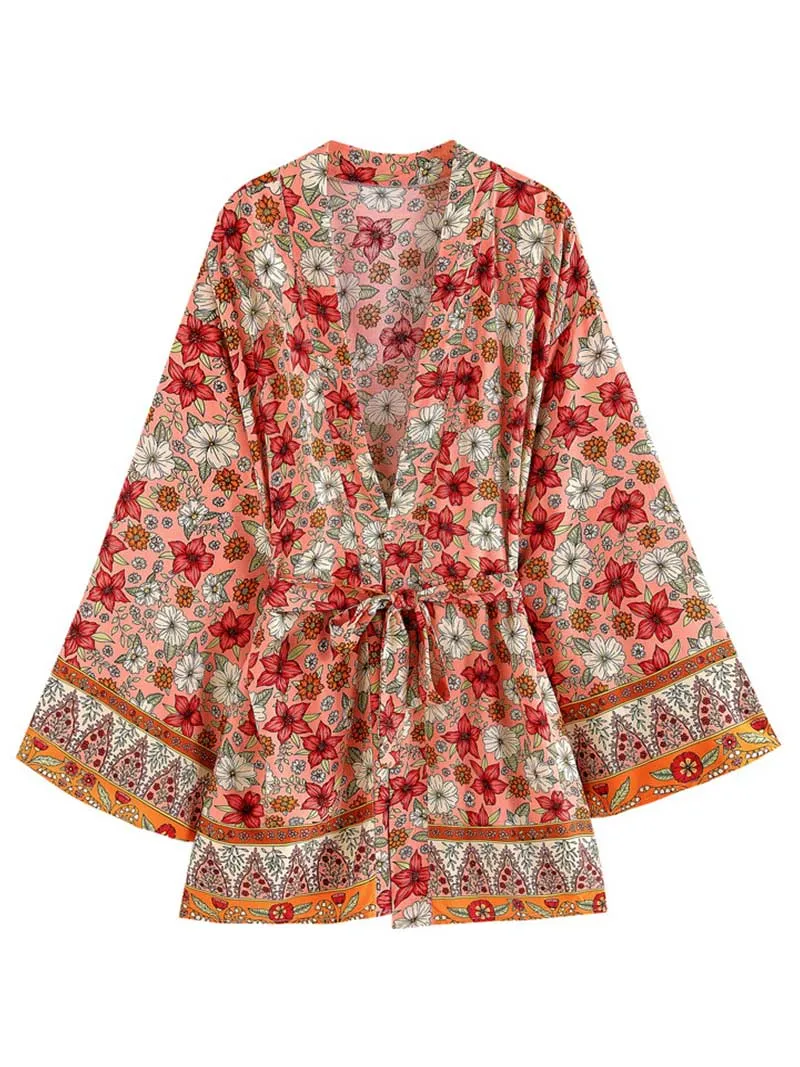 Bridal Wear Floral Print Orange & Black Cotton Short Length Gown Kimono Duster Robe