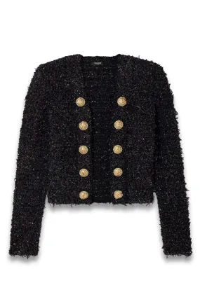 Button-embellished sequined metallic bouclé-tweed jacket