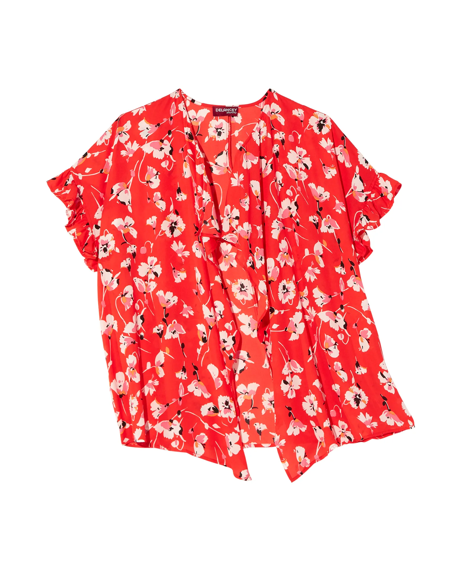 Carin Short Ruffle Sleeve Kimono | Red / White