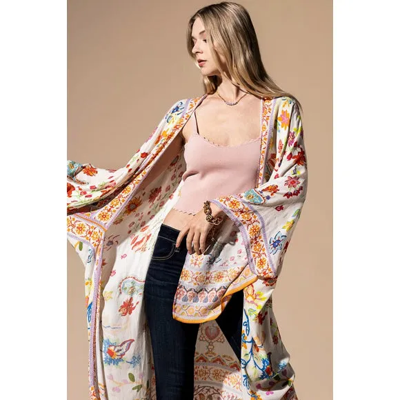 Colorful Vibrant Delphi Floral Paisley Open Wrap Duster Kimono Top One Size