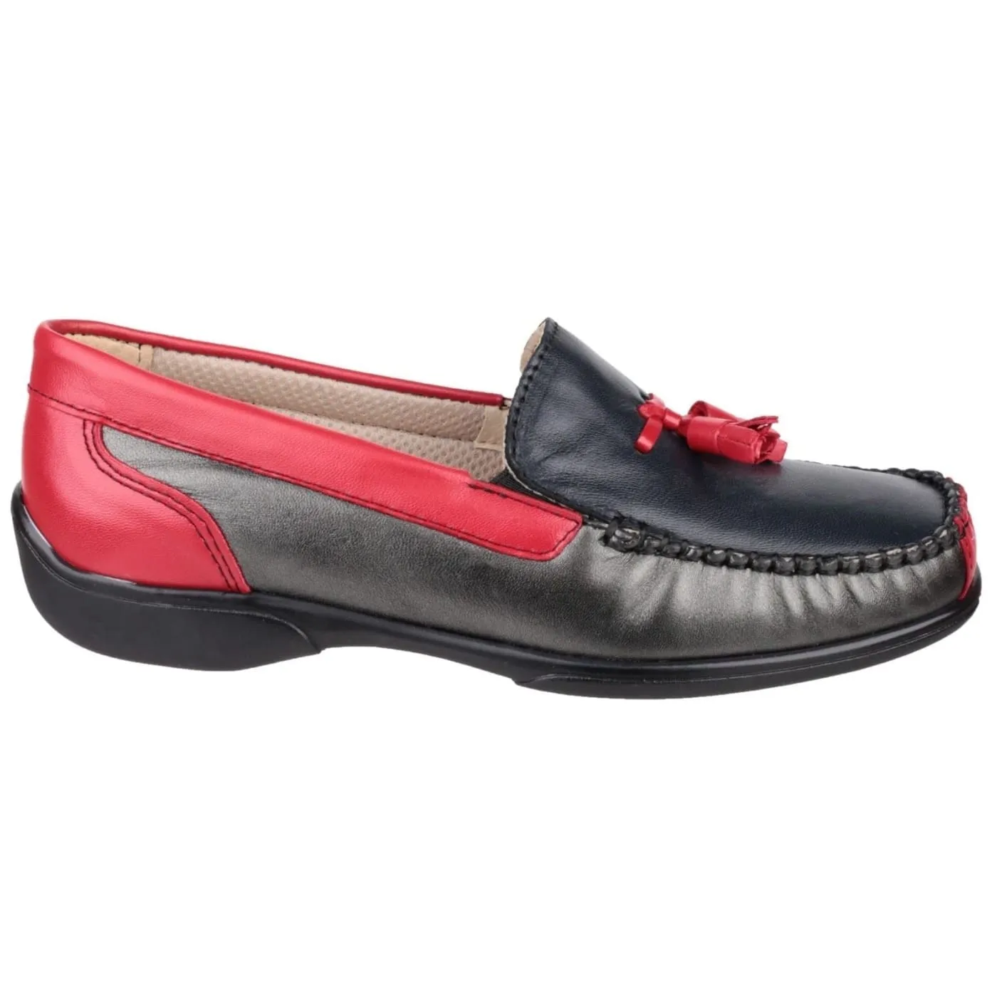 Cotswold Biddlestone Black/Red Ladies Leather Slip Ons