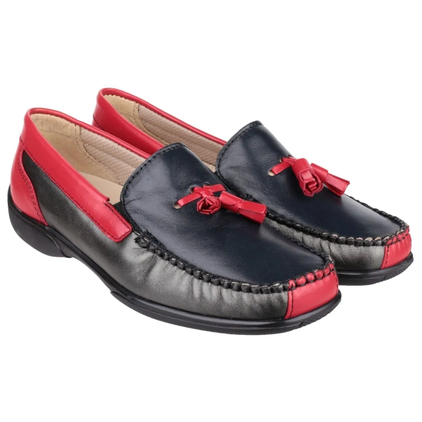 Cotswold Biddlestone Black/Red Ladies Leather Slip Ons
