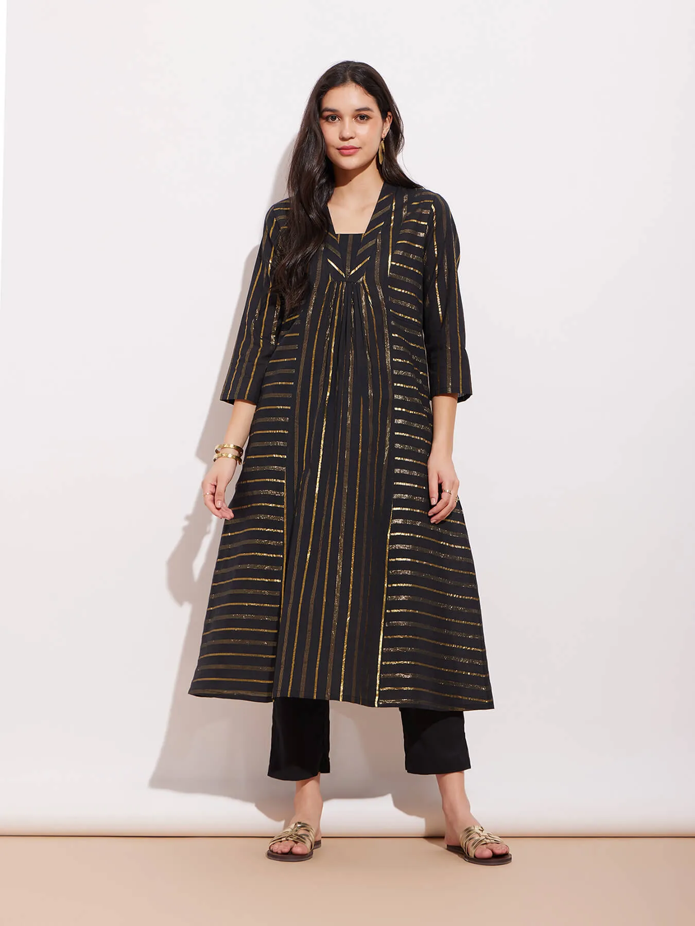 Cotton Lurex Gold Striped Kurta Set - Black