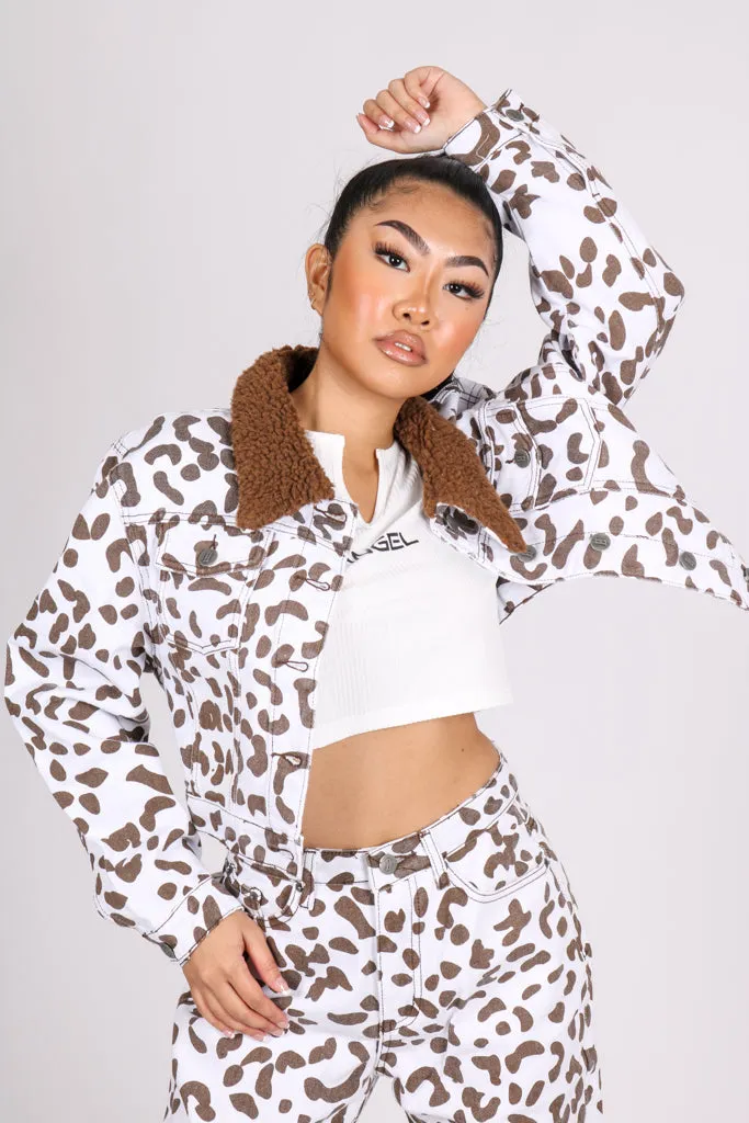 Cow Printed Trucker Borg Collar Cropped Jacket
