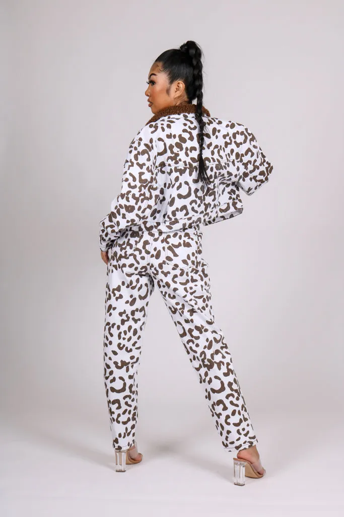 Cow Printed Trucker Borg Collar Cropped Jacket