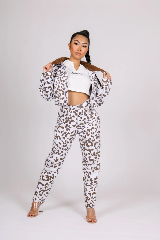 Cow Printed Trucker Borg Collar Cropped Jacket