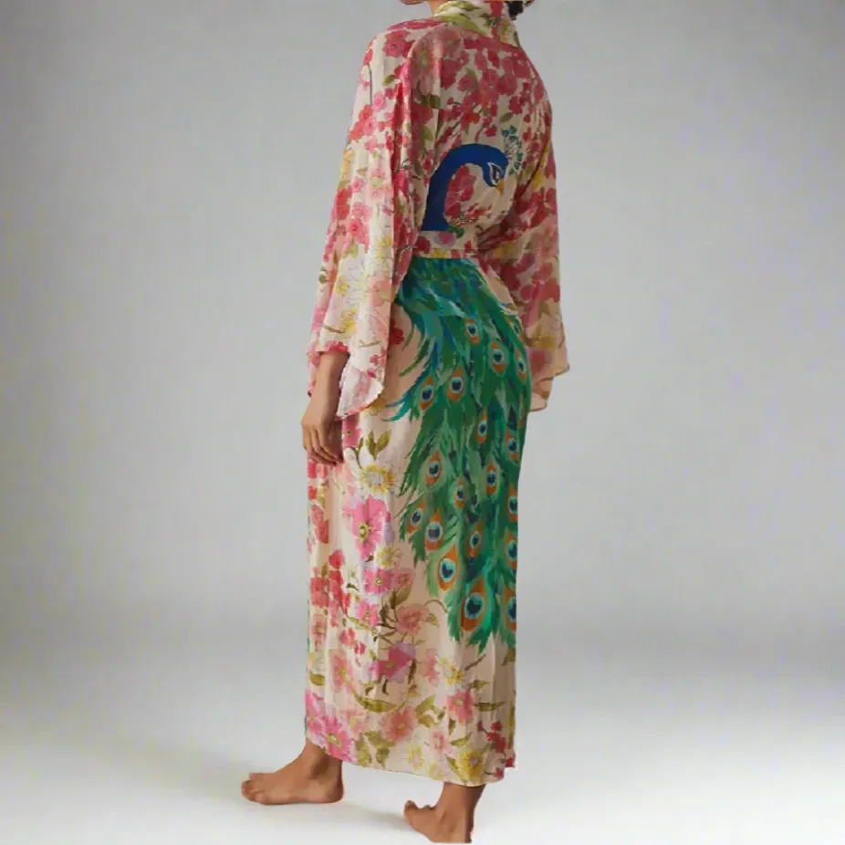 Daliah Peacock Floral Boho Kimono Robe