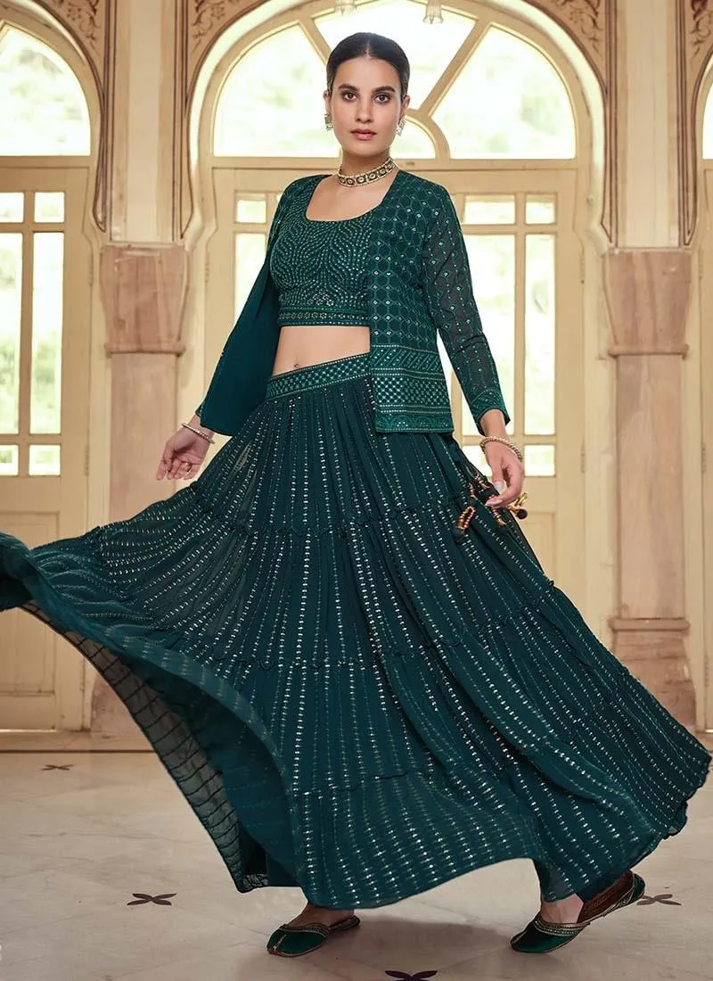 Dark Green Color Sequined Work Sensational Look Lehenga Jacket