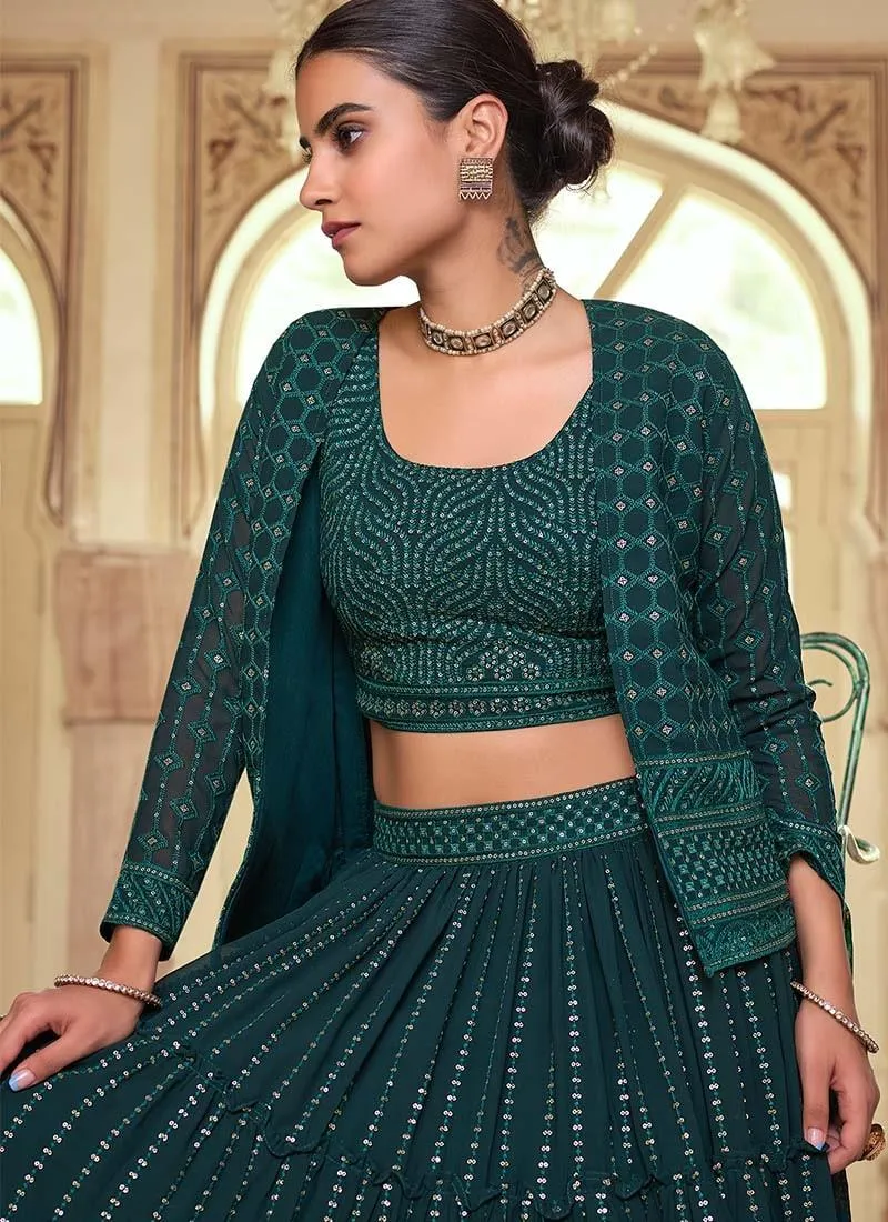 Dark Green Color Sequined Work Sensational Look Lehenga Jacket
