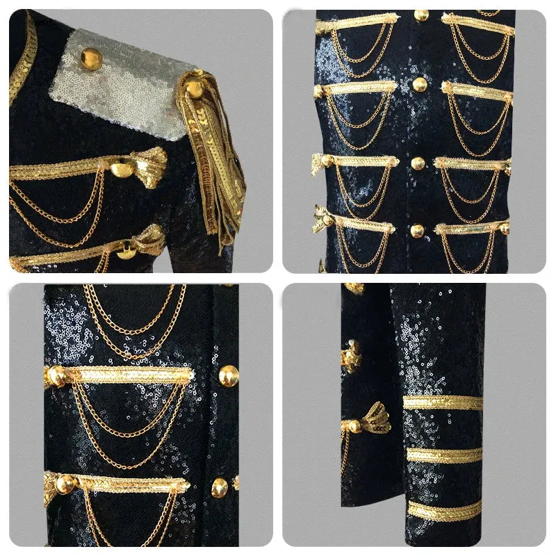 Designer Party Jacket Men's Tuxedo Blazer Gold Black Burning Man Captain