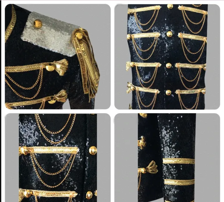 Designer Party Jacket Men's Tuxedo Blazer Gold Black Burning Man Captain