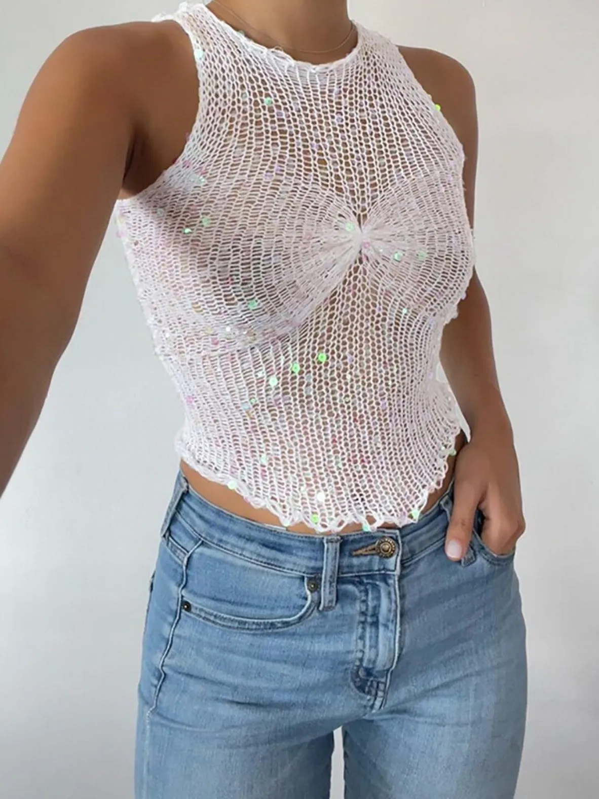 Distressed Knit Sparkling White Crop Top