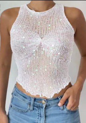 Distressed Knit Sparkling White Crop Top