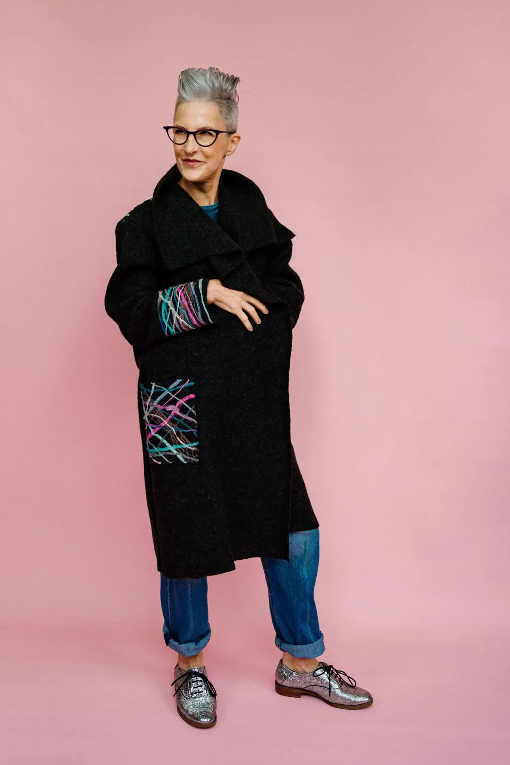 Embellished Long Wool Coat in Charcoal