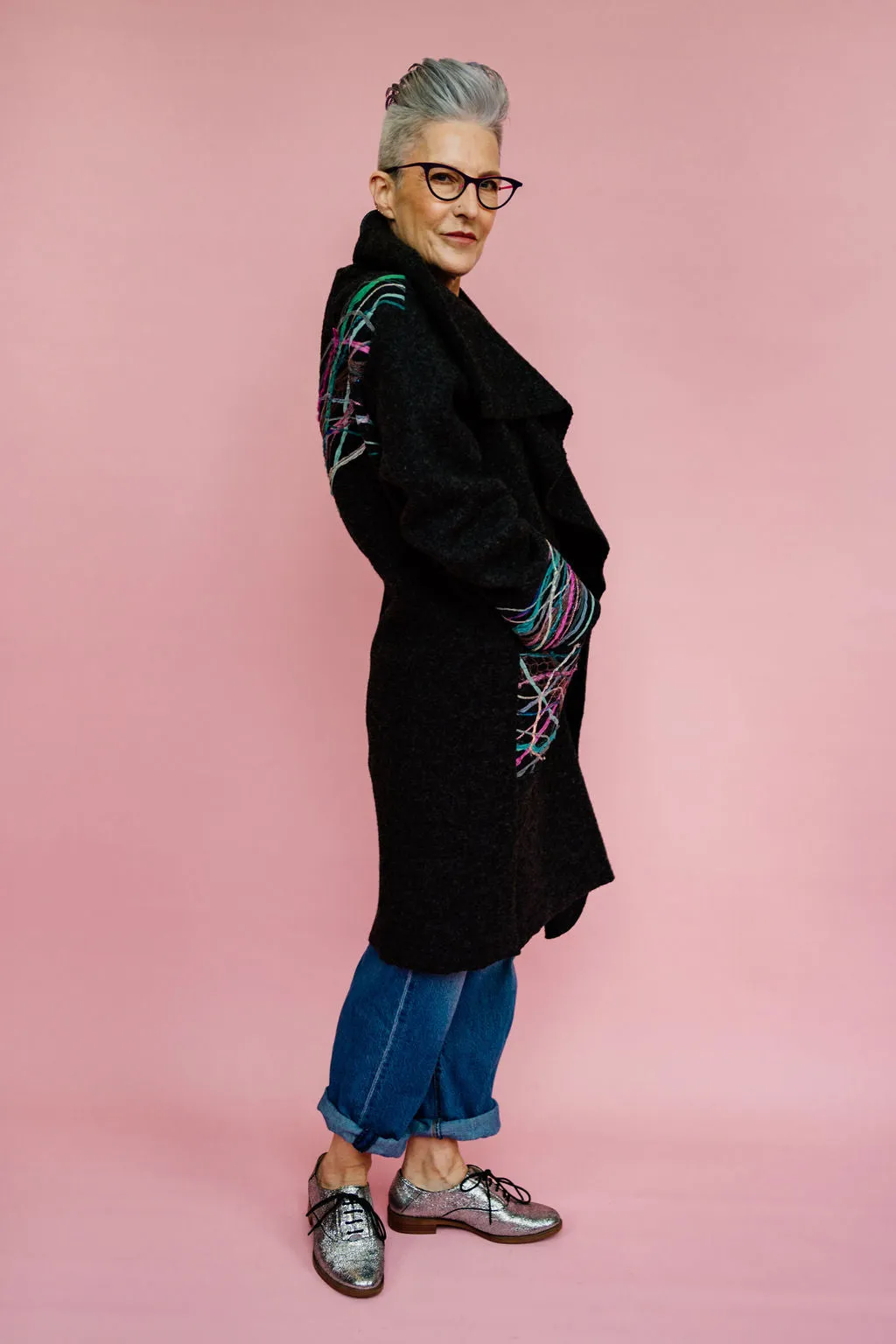 Embellished Long Wool Coat in Charcoal