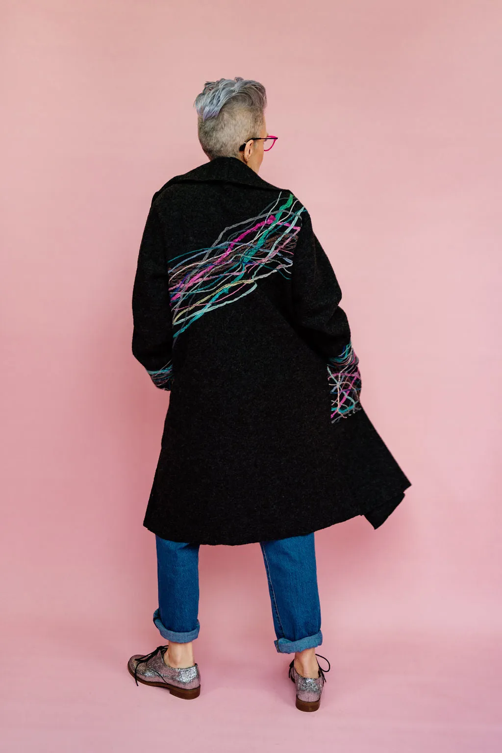Embellished Long Wool Coat in Charcoal