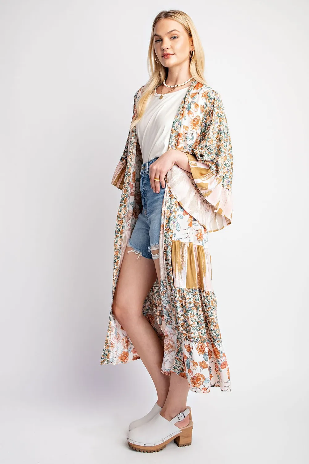 Floral and Stripe Mixed Print Kimono Duster