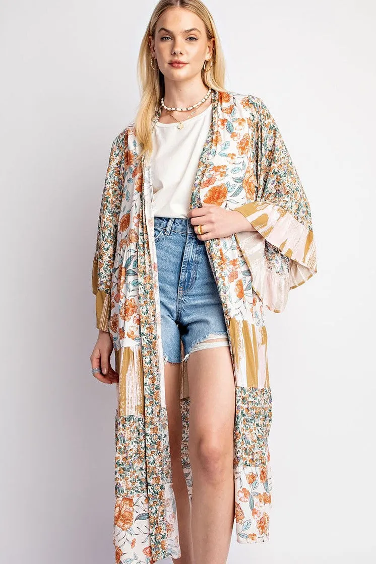 Floral and Stripe Mixed Print Kimono Duster