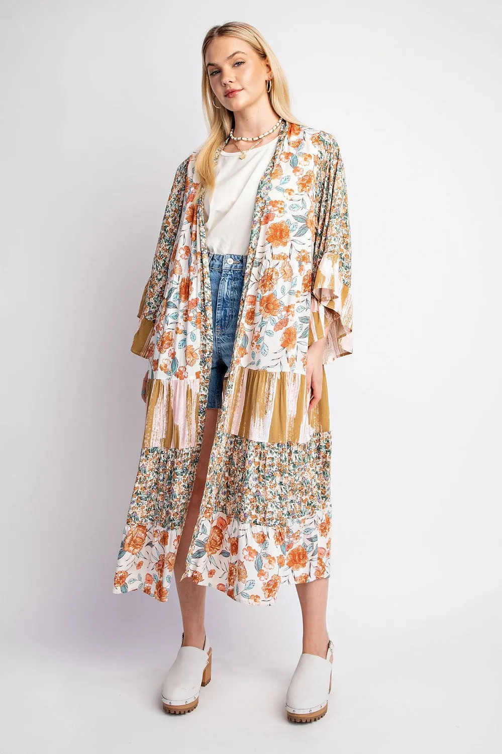 Floral and Stripe Mixed Print Kimono Duster