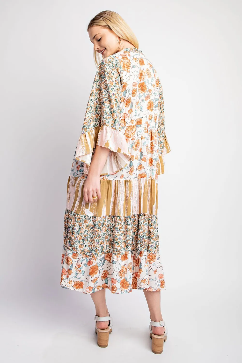 Floral and Stripe Mixed Print Kimono Duster