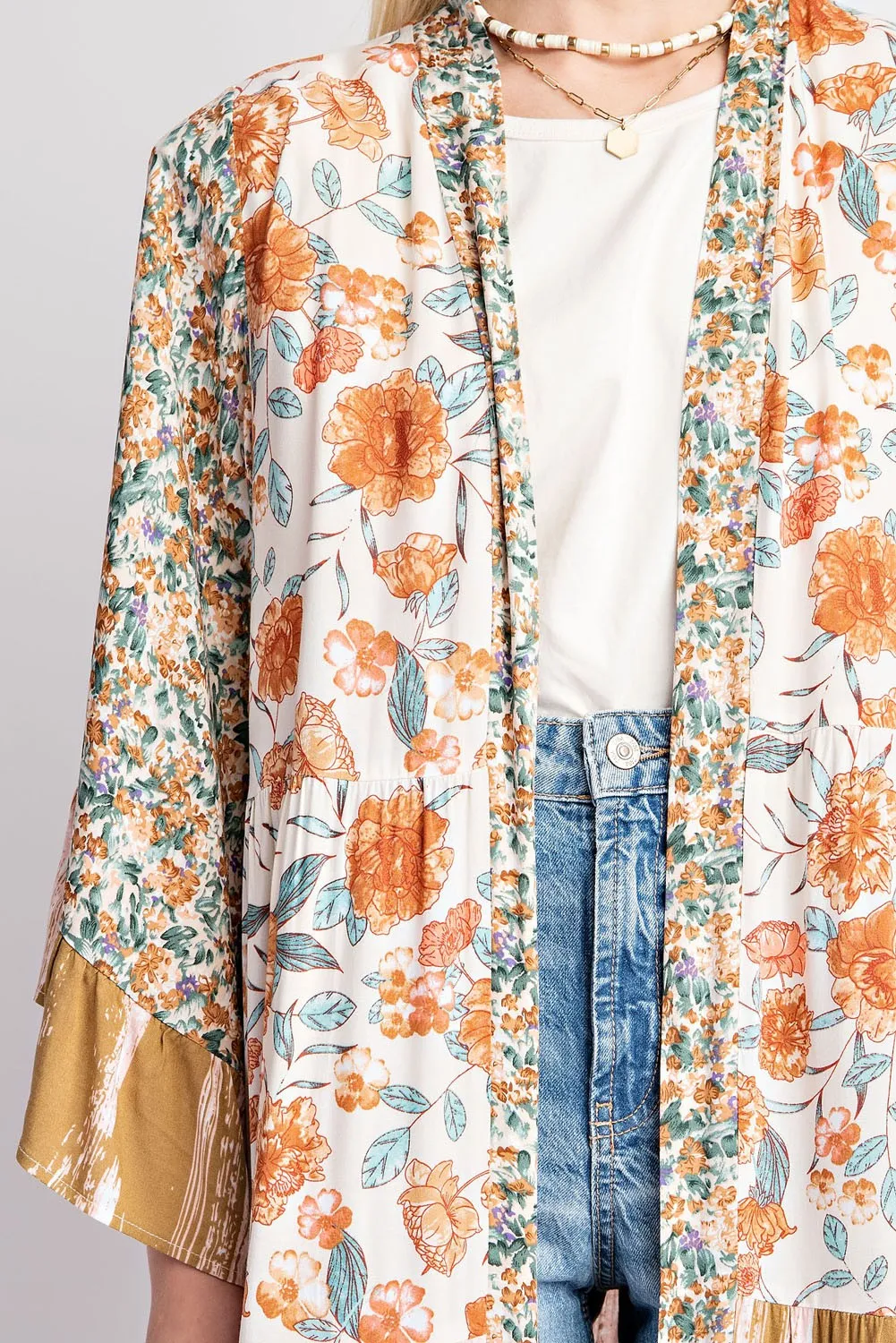 Floral and Stripe Mixed Print Kimono Duster