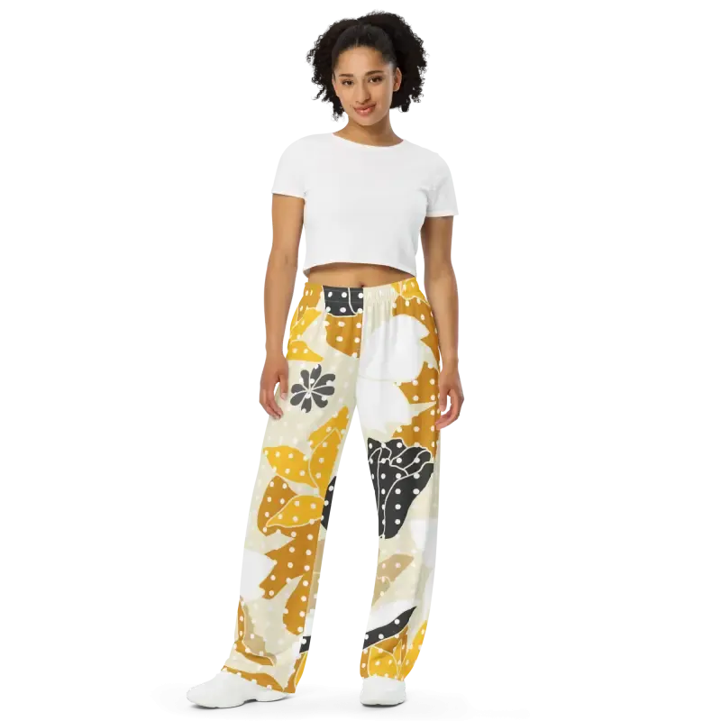 Floral Fantasy Wide Leg Pants with Yellow Flowers