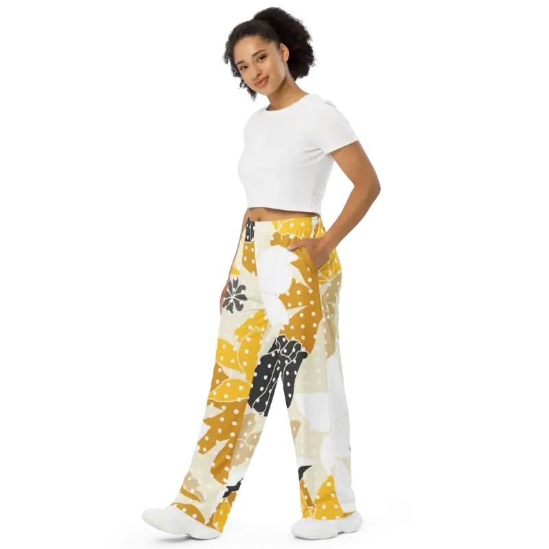 Floral Fantasy Wide Leg Pants with Yellow Flowers
